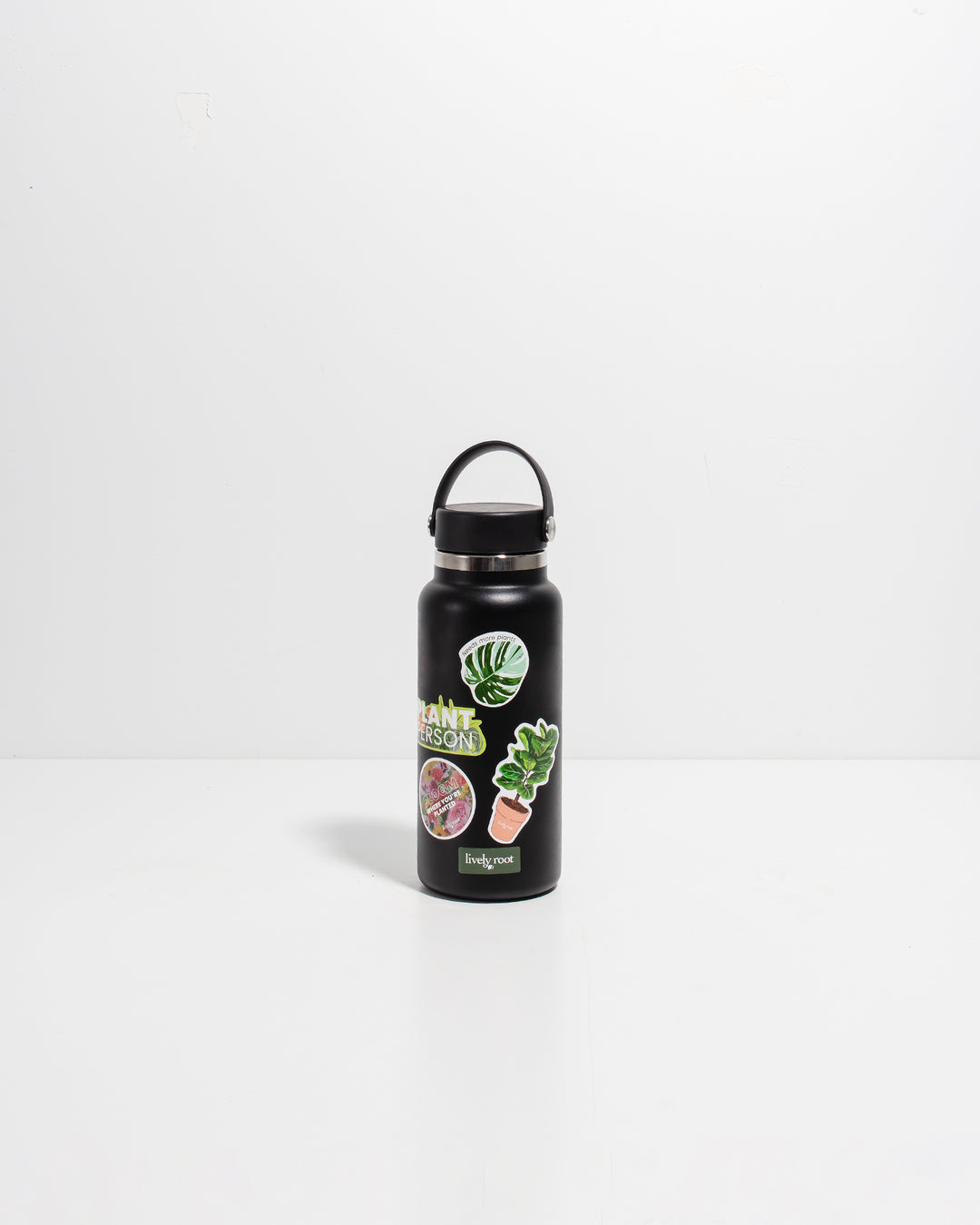 Black stainless steel water bottle with Lively Root branding and "Plant Person" graphics adorned with colorful houseplant and floral sticker designs, durable plant lover gift and sustainable beverage bottle.