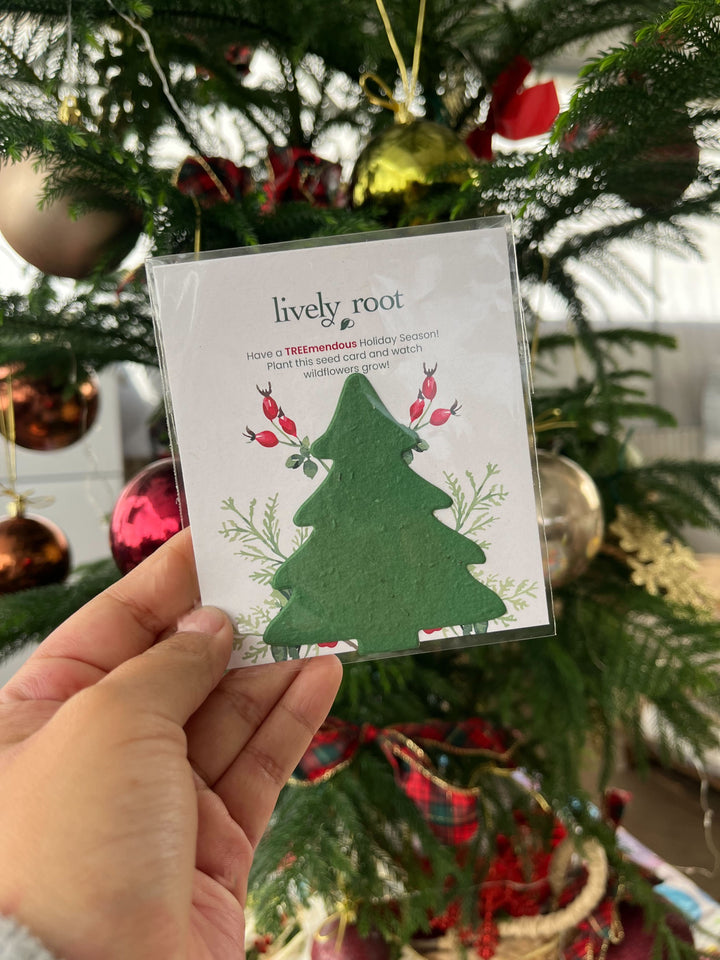 Wildflower seed paper Christmas card held in front of decorated holiday tree with ornaments, festive green tree-shaped plantable greeting card for seasonal gift-giving and eco-friendly celebration.