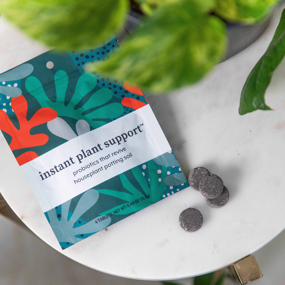 Instant Plant Support package featuring teal and coral botanical leaf pattern with four dark probiotic tablets displayed, 0.48 oz probiotics formulated to revive and enhance houseplant potting soil health and nutrient absorption.
