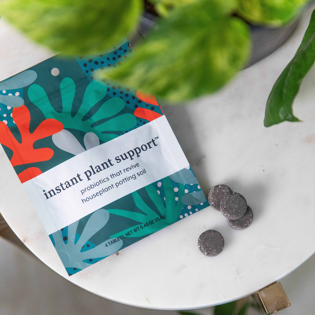 Instant Plant Support package featuring teal and coral botanical leaf pattern with four dark probiotic tablets displayed, 0.48 oz probiotics formulated to revive and enhance houseplant potting soil health and nutrient absorption.