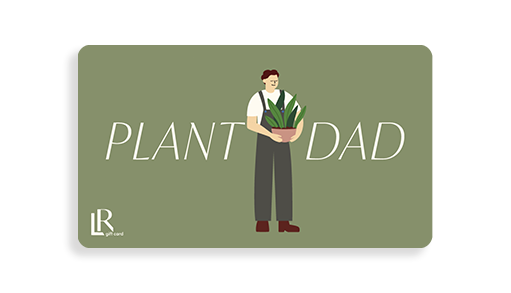 "Plant Dad" Lively Root gift card in sage green featuring illustrated man holding potted plant, Father's Day gift for plant-loving dads and male plant parent appreciation.