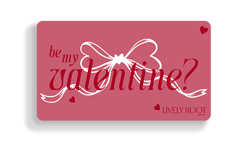 "Be My Valentine" Lively Root gift card in dusty pink with decorative ribbon and heart design, romantic plant lover greeting gift and Valentine's Day certificate for plant parents.