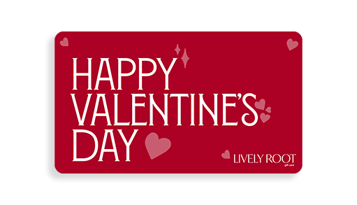 Happy Valentine's Day Lively Root gift card in deep red with subtle heart decorative accents, romantic love gift for plant-loving partners and botanical gift certificate.