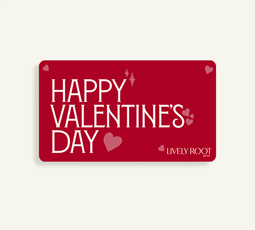 Happy Valentine's Day Lively Root gift card in ruby red with romantic heart embellishments, love gift for plant-loving couples and Valentine's present for botanical enthusiasts.