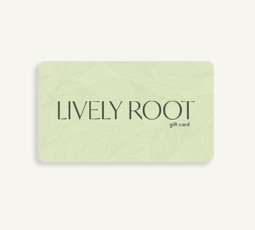 Lively Root gift card in light green with minimalist botanical leaf pattern and elegant branding, universal plant lover gift card for any occasion and houseplant enthusiast present.