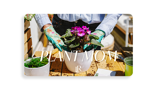 "Plant Mom" Lively Root gift card with lifestyle photograph showing hands holding vibrant flowering plant, authentic plant lover gift for mothers and plant parent appreciation gift.