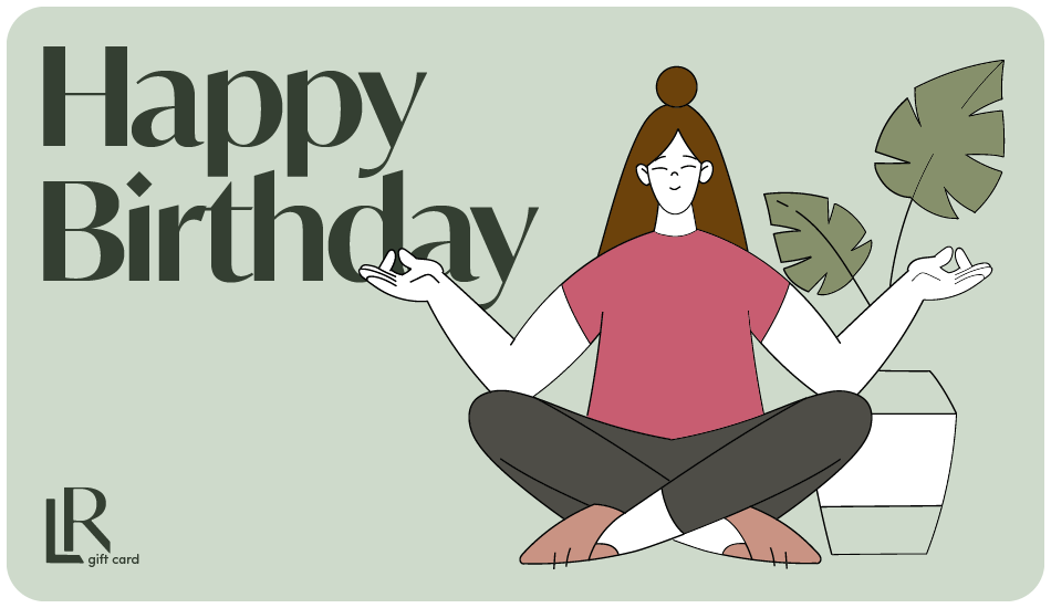 Happy Birthday Lively Root gift card in soft green featuring illustrated woman surrounded by potted plants, birthday gift for plant lovers and houseplant enthusiast celebration.