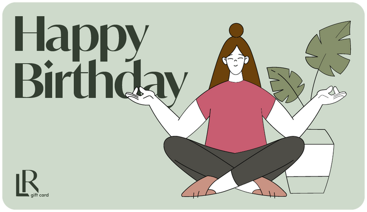 Happy Birthday Lively Root gift card in soft green featuring illustrated woman surrounded by potted plants, birthday gift for plant lovers and houseplant enthusiast celebration.