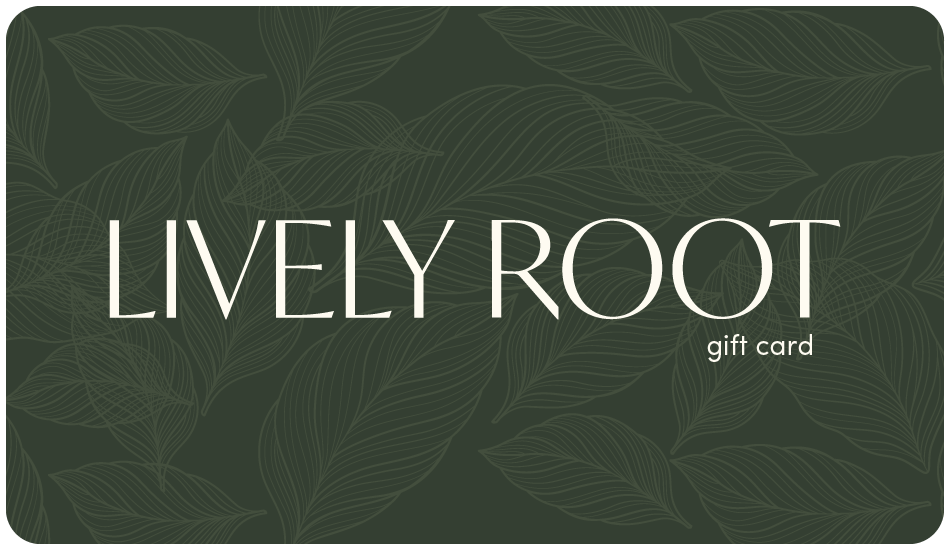 Lively Root gift card featuring sage green color with elegant botanical leaf pattern and minimalist branding, versatile plant lover gift card for any occasion and plant parent recipient.