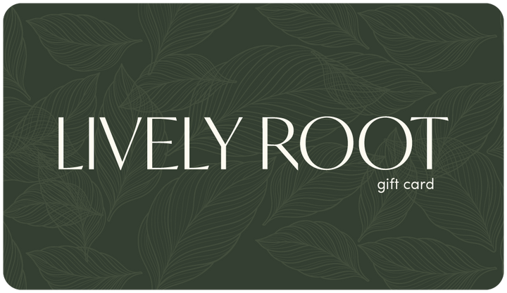 Lively Root gift card featuring sage green color with elegant botanical leaf pattern and minimalist branding, versatile plant lover gift card for any occasion and plant parent recipient.