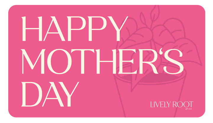 Lively Root Happy Mother's Day gift card featuring pink background with potted plant botanical illustration, perfect thoughtful gift for plant-loving moms and plant parent appreciation.