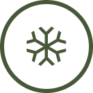 Winter Packaging icon featuring a stylized white snowflake centered inside a circular dark green border.