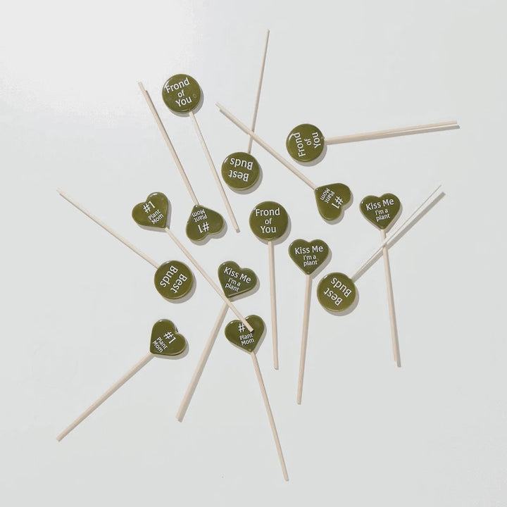 Animated video showing collection of colorful decorative plant stick markers laid out in display, hand selecting and picking up individual plant picks one by one, showcasing variety of engraved messages and designs for plant parent gift sets and plant identification accessories.