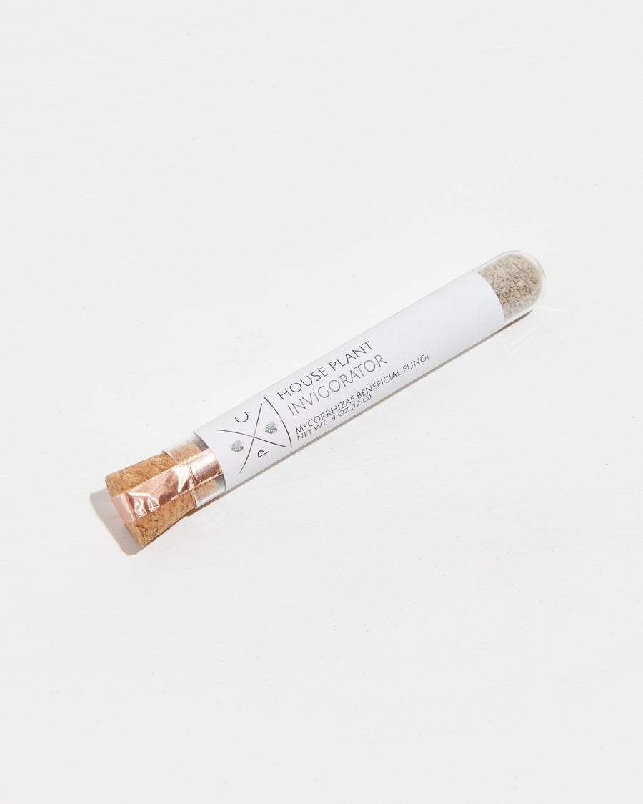 House Plant Invigorator mycorrhizae beneficial fungi powder in a glass test tube with cork stopper and rose gold seal on white background