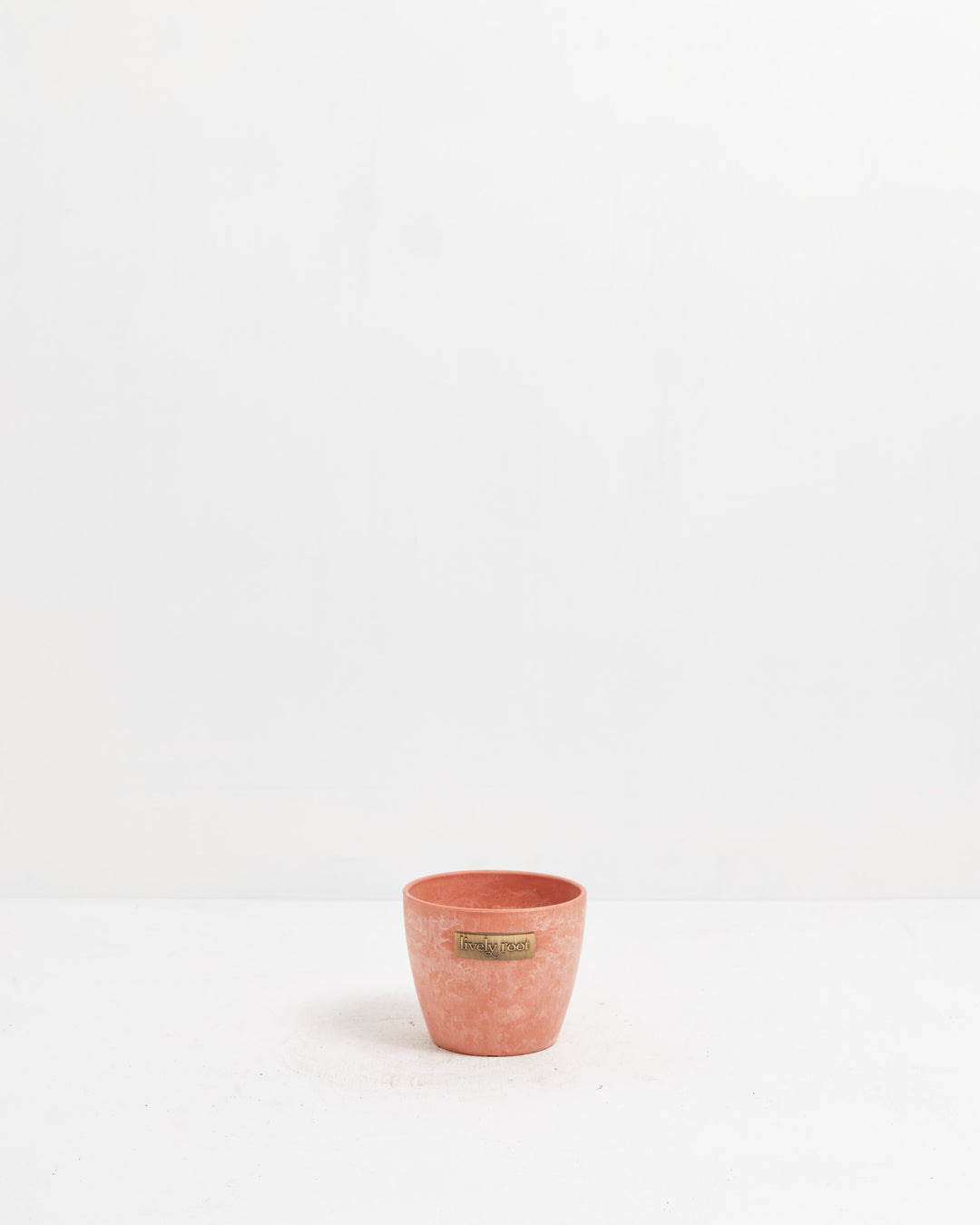 Lively Root 4-inch coral terra cotta planter with soft matte texture and branded brass label, sized for small houseplants, succulents, and tabletop gardening.