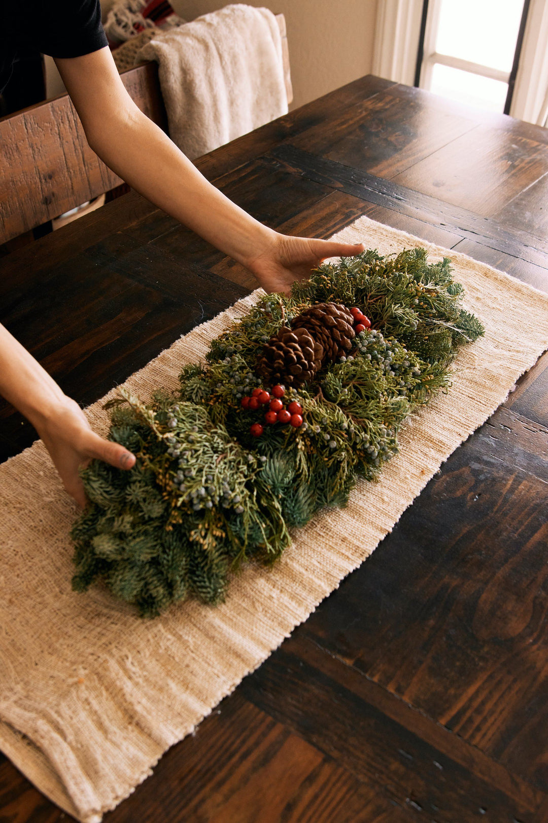 Fresh Cut Holiday Noble Fir, Juniper & Cedar Mantle or Centerpiece, Lively Root, Accessory, Detail , , , 