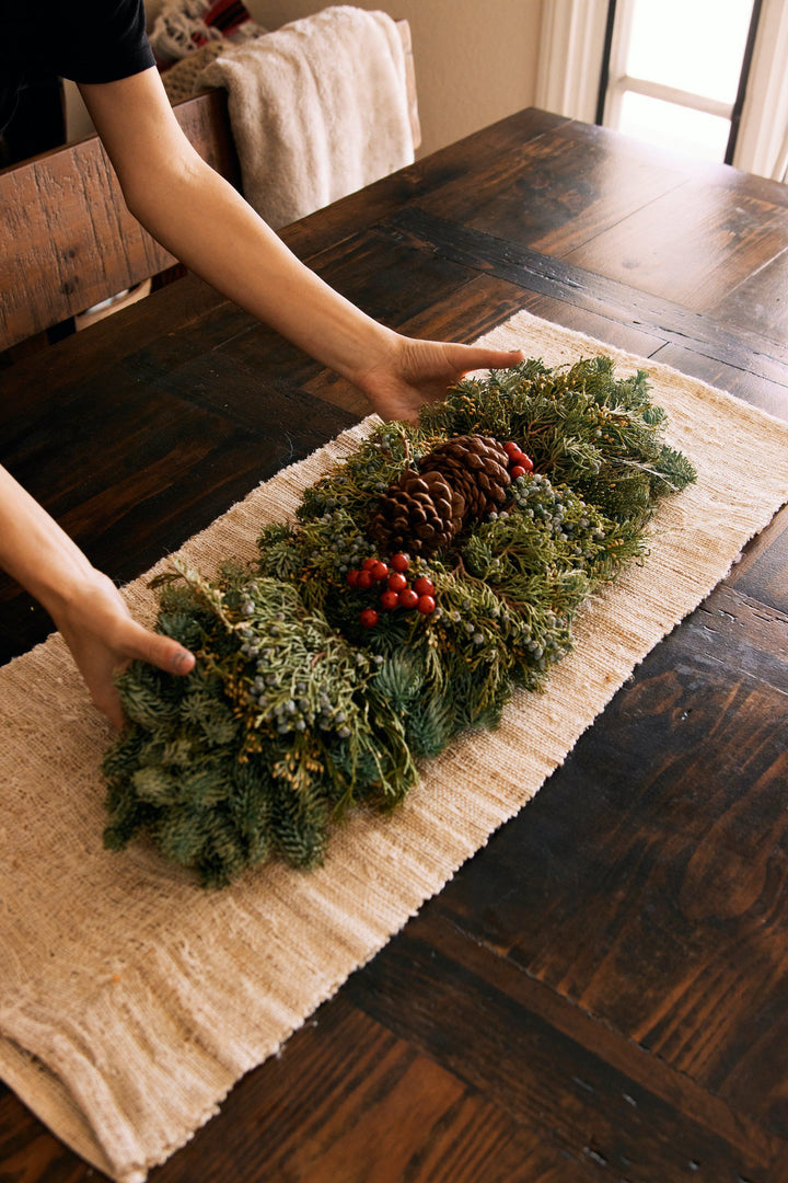 Fresh Cut Holiday Noble Fir, Juniper & Cedar Mantle or Centerpiece, Lively Root, Accessory, Detail , , , 