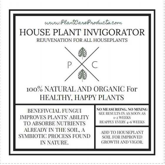 House Plant Invigorator 100% natural and organic mycorrhizae beneficial fungi label showing usage instructions and plant care benefits on white background