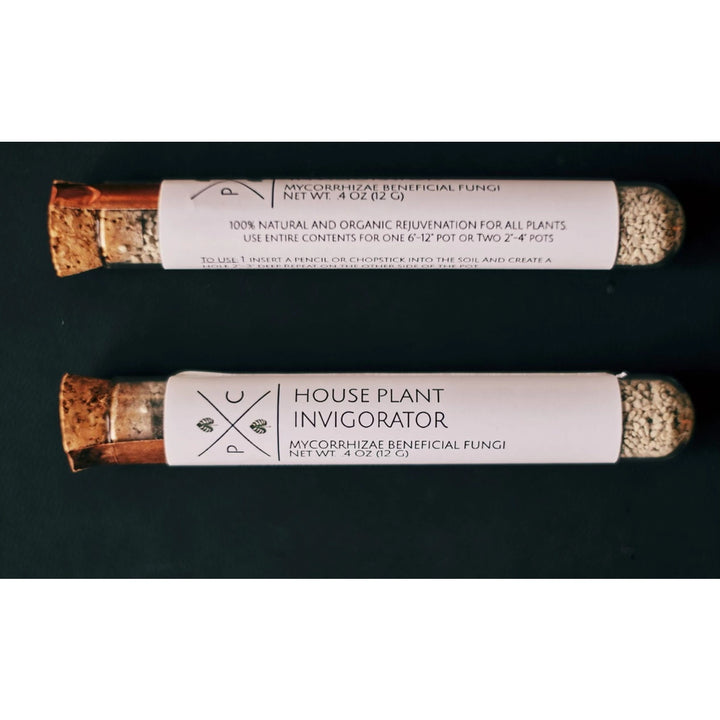 House Plant Invigorator mycorrhizae beneficial fungi glass tubes showing front and back label with usage instructions and 4oz net weight on dark background